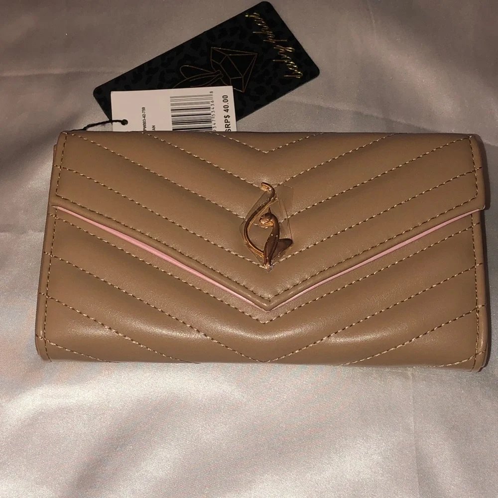 Baby Phat Tan Faux Leather Quilted Chevron Flap Clutch Wallet Cat Logo NWT